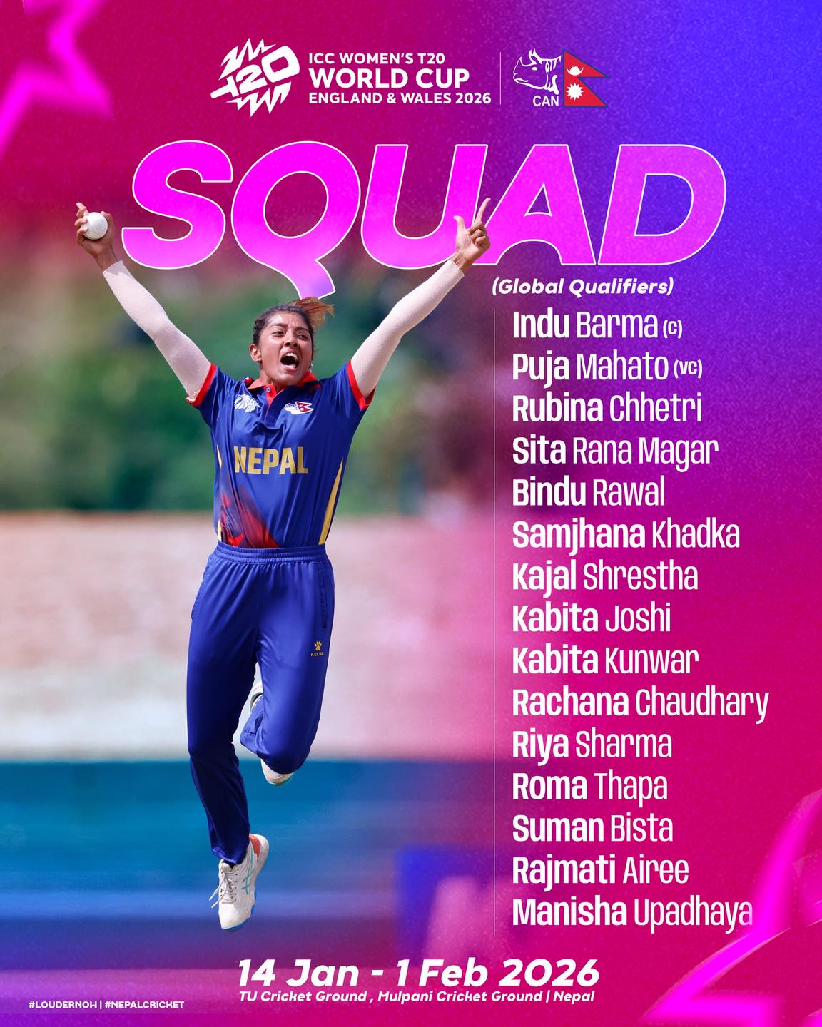 महिला टी२० ग्लोबल क्वालिफायरका लागि नेपाली टोली घोषणा
